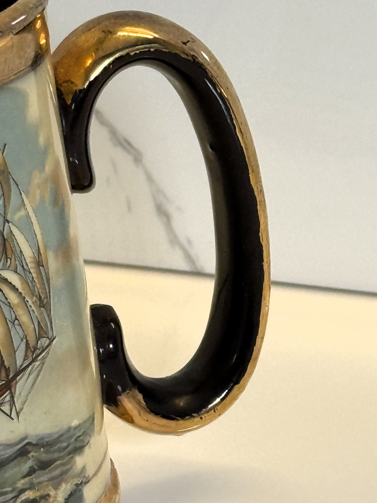 Vintage Nautical Sailing Ship Tankard Mug with Gilt Trim