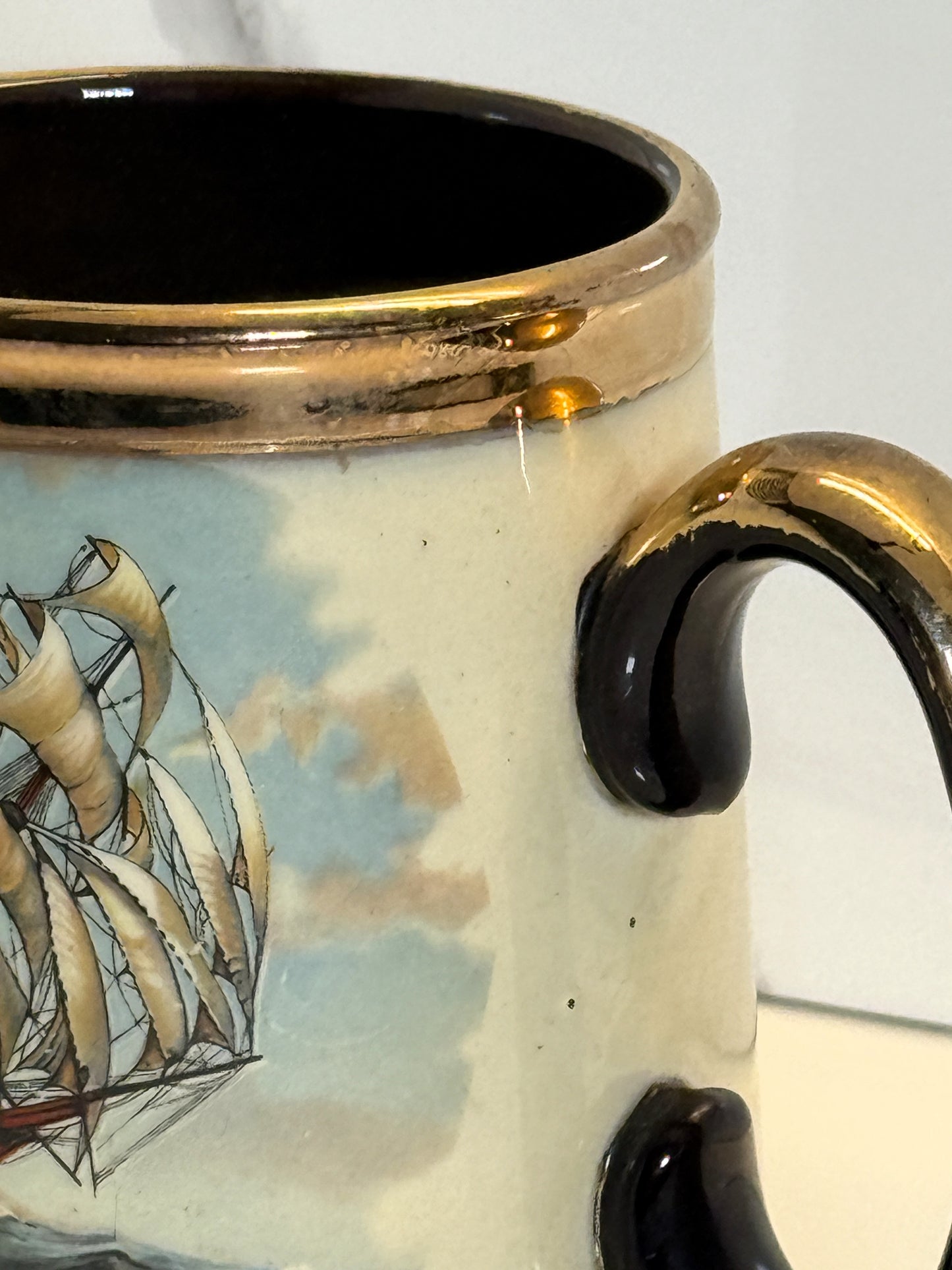 Vintage Nautical Sailing Ship Tankard Mug with Gilt Trim