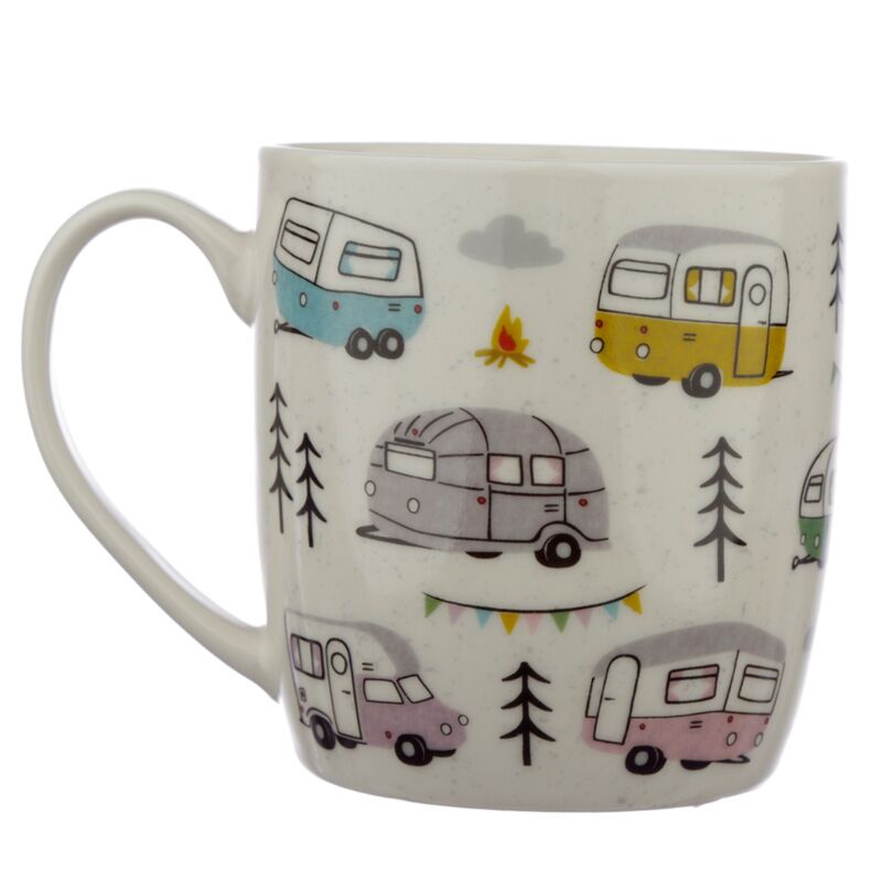 Caravan design coffee mug with trees and campfire detail