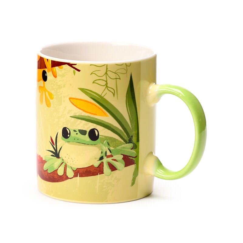 Tropical frogs porcelain coffee mug with green handle