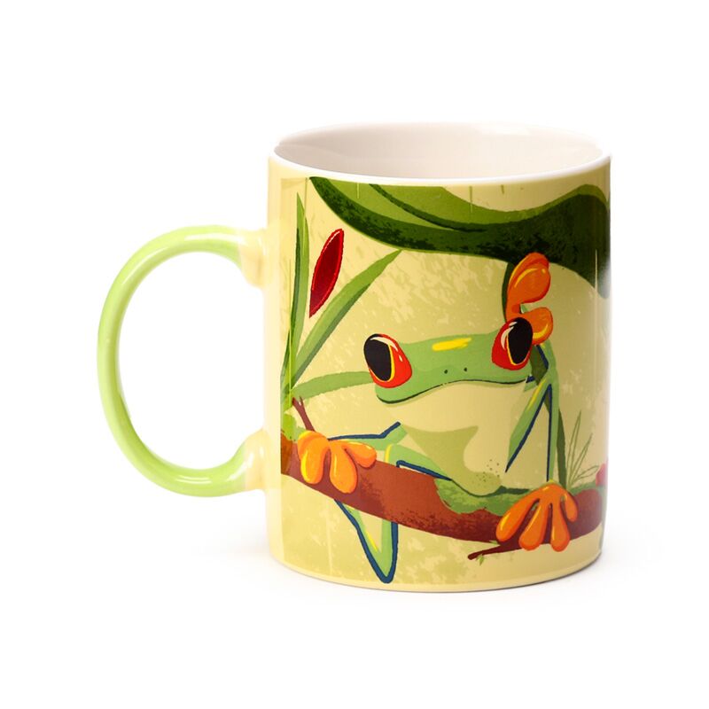 Colourful frog themed porcelain mug side view