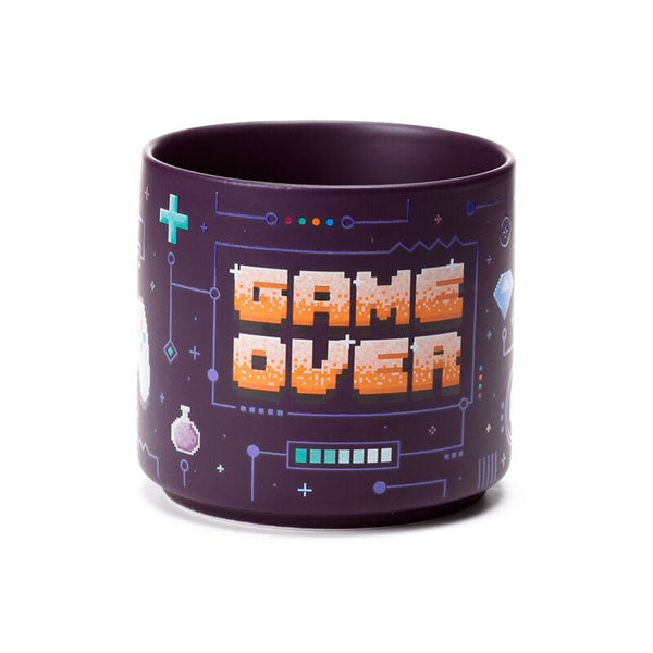 Purple gamer coffee cup with pixel controller design