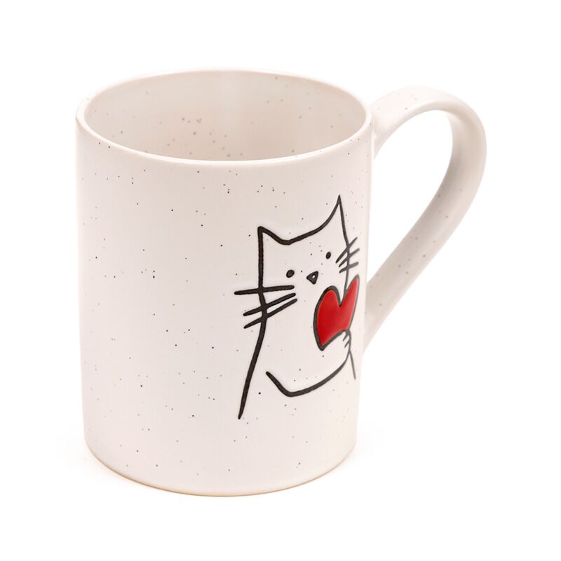 Cute cat holding red heart ceramic coffee cup
