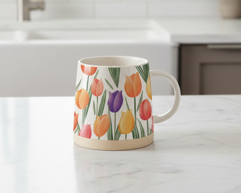 Tulip Floral Stoneware Coffee Mug – 420ml Ceramic Spring Tea Cup